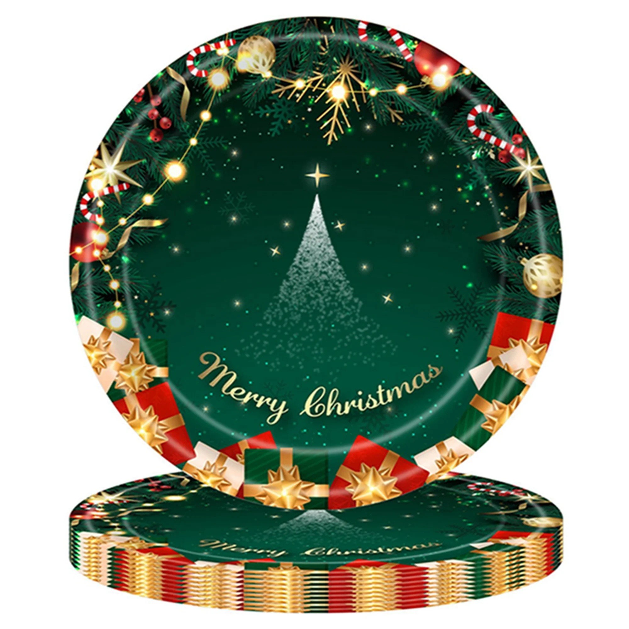 Set 16 Farfurii de Unica Folosinta, , Model Brad de Craciun Merry Christmas, Tematica Craciun, 18 cm, Verde