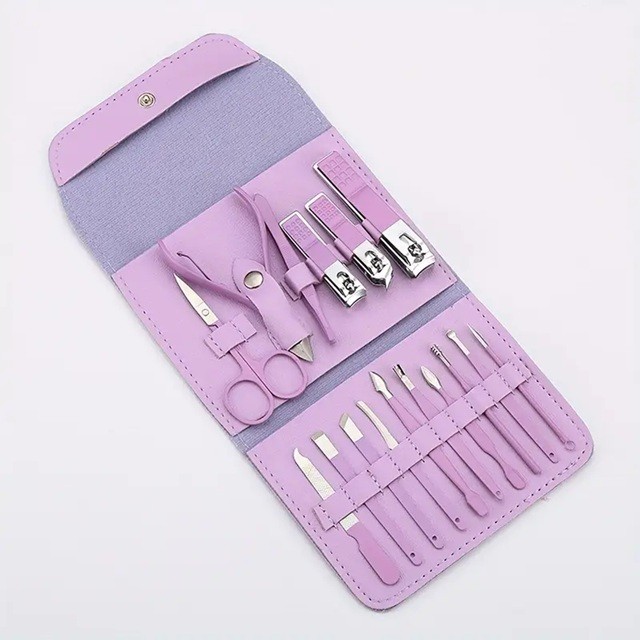 Set 16 Piese de Ingrijire Cosmetica, , pentru Manichiura, Pedichiura, Fata, Geanta Organizatoare din Piele Ecologica Inclusa, Mov - imagine 2