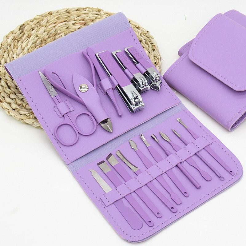 Set 16 Piese de Ingrijire Cosmetica, , pentru Manichiura, Pedichiura, Fata, Geanta Organizatoare din Piele Ecologica Inclusa, Mov - imagine 3