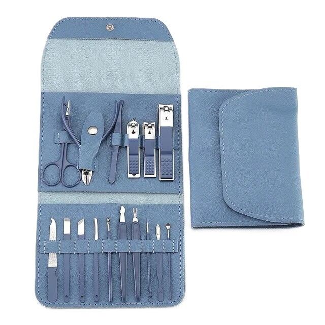 Set 16 Piese de Ingrijire Cosmetica, , pentru Manichiura, Pedichiura, Fata, Geanta Organizatoare din Piele Ecologica Inclusa, Albastru