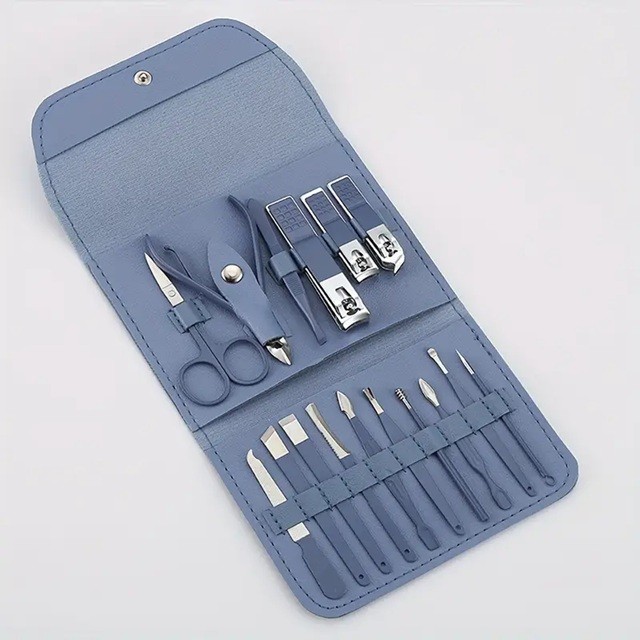 Set 16 Piese de Ingrijire Cosmetica, , pentru Manichiura, Pedichiura, Fata, Geanta Organizatoare din Piele Ecologica Inclusa, Albastru - imagine 3