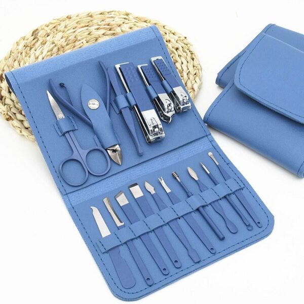 Set 16 Piese de Ingrijire Cosmetica, , pentru Manichiura, Pedichiura, Fata, Geanta Organizatoare din Piele Ecologica Inclusa, Albastru - imagine 4