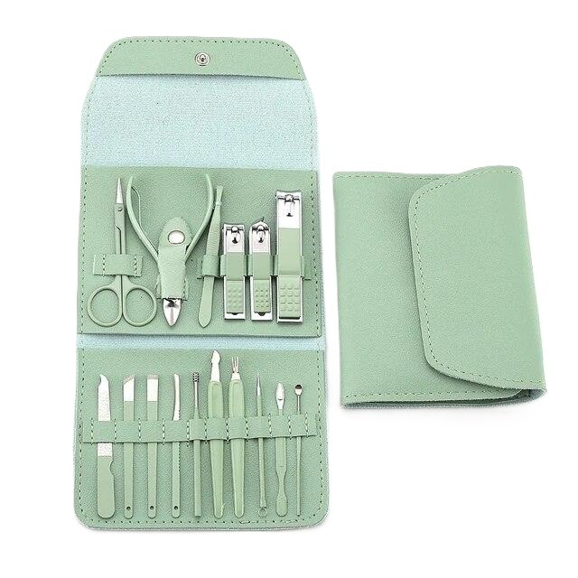 Set 16 Piese de Ingrijire Cosmetica, , pentru Manichiura, Pedichiura, Fata, Geanta Organizatoare din Piele Ecologica Inclusa, Verde