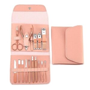 Set 16 Piese de Ingrijire Cosmetica, , pentru Manichiura, Pedichiura, Fata, Geanta Organizatoare din Piele Ecologica Inclusa, Roz