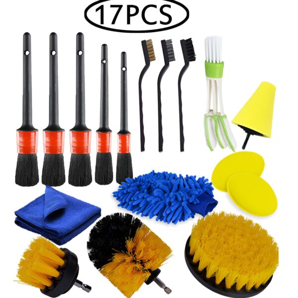 Set 17 Accesorii pentru Curatare Auto, , Interior si Exterior, 4 Capete pentru Bormasina, 5 Pensule, 3 Perii, 1 Laveta, 1 Manusa, 1 Perie Tripla Grilaj, 2 Bureti, Multicolor - imagine 3