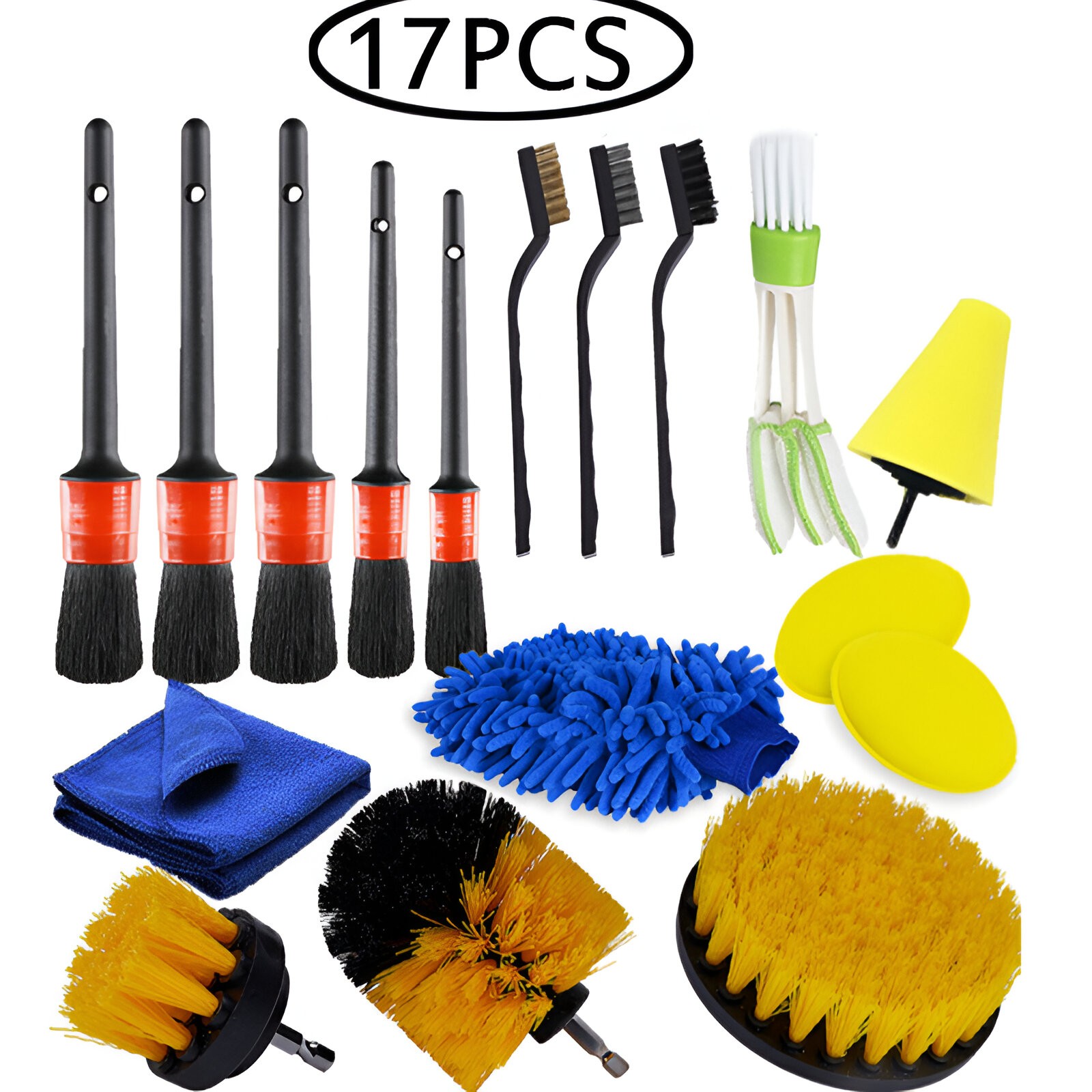 Set 17 Accesorii pentru Curatare Auto, , Interior si Exterior, 4 Capete pentru Bormasina, 5 Pensule, 3 Perii, 1 Laveta, 1 Manusa, 1 Perie Tripla Grilaj, 2 Bureti, Multicolor - imagine 3