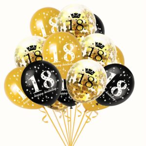 Set 18 Baloane Majorat, , din Latex, Metalizate, Mesaj 18 Happy Birthday, 30 cm, cu Confetti, Auriu/Negru
