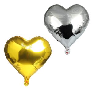 Set 2 Baloane din Folie Metalizata, , Model Inimi, Tema Ziua Indragostitilor, 45 cm, Ambalaj Individual, Pai Inclus, Umflare cu Aer sau Heliu, Argintiu/Auriu