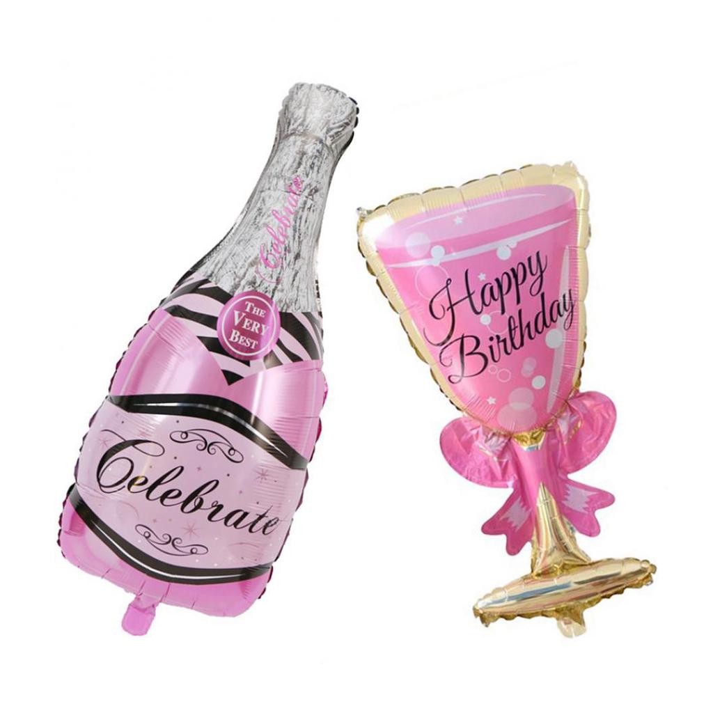 Set 2 Baloane din Folie Metalizata, , tematica Aniversare HAPPY BIRTHDAY, Figurine Model Sticla de Sampanie 50 x 108 cm si Pahar 48 x 93 cm, Roz - imagine 2