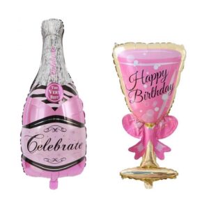 Set 2 Baloane din Folie Metalizata, , tematica Aniversare HAPPY BIRTHDAY, Figurine Model Sticla de Sampanie 50 x 108 cm si Pahar 48 x 93 cm, Roz