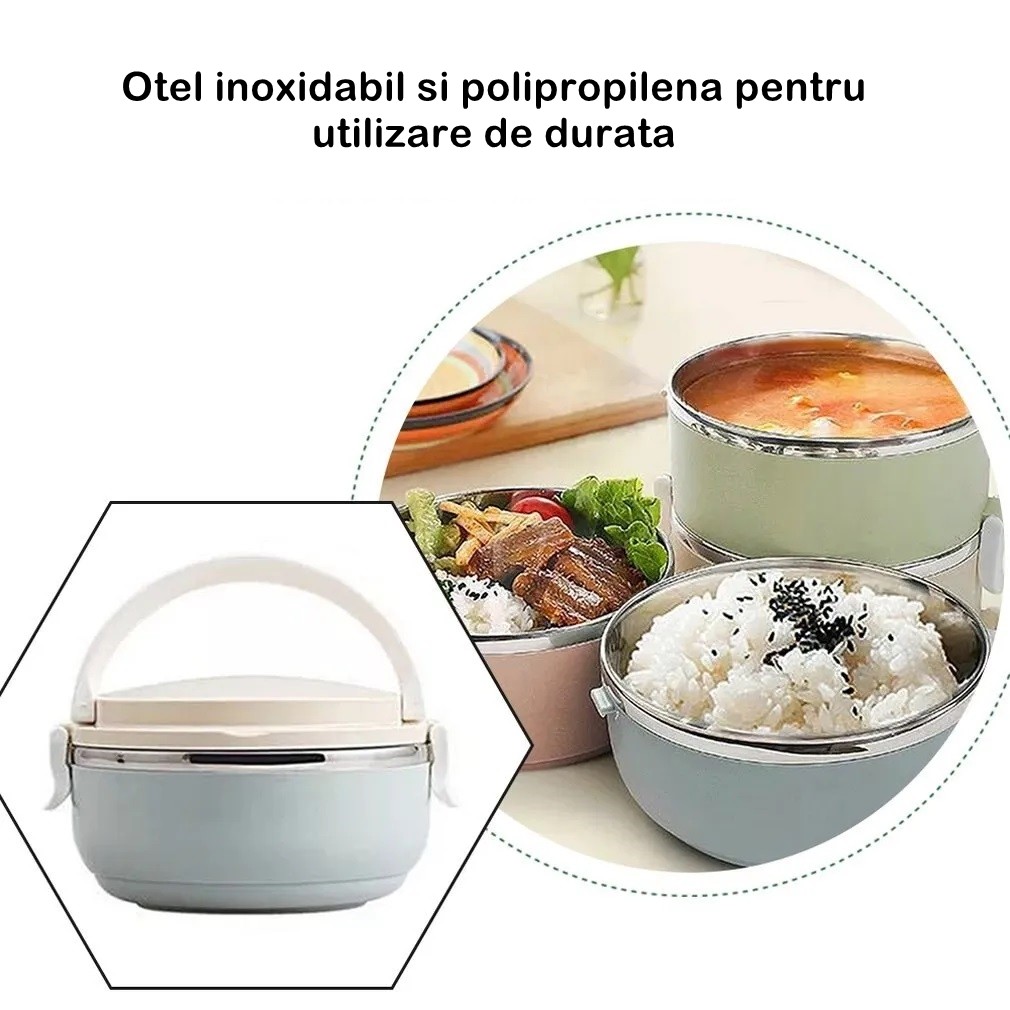 Set 2 Caserole pentru alimente , lunch box, 1400 ml, otel inoxidabil, maner, valva aerisire, 15.5 x 15 cm, inchidere etansa, multicolor - imagine 2