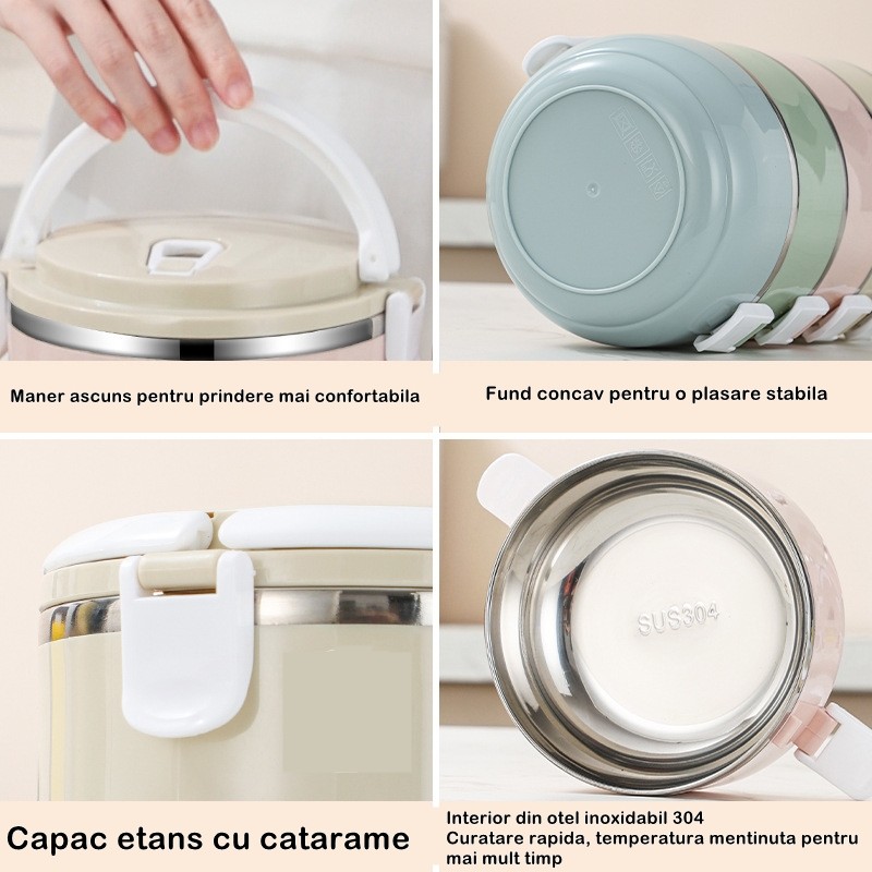 Set 2 Caserole pentru alimente , lunch box, 1400 ml, otel inoxidabil, maner, valva aerisire, 15.5 x 15 cm, inchidere etansa, multicolor - imagine 3