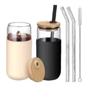 Set 2 Pahare din Sticla Termoizolante Transparente, , Capace si Paie Incluse, 500 mL, Silicon Negru si Crem