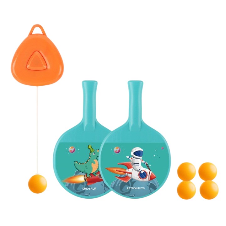 Set 2 Palete de Tenis de Masa, , pentru Copii, Design Animat, Tematica Astronauti, Accesoriu de Agatat Inclus si 4 Mingi, Albastru