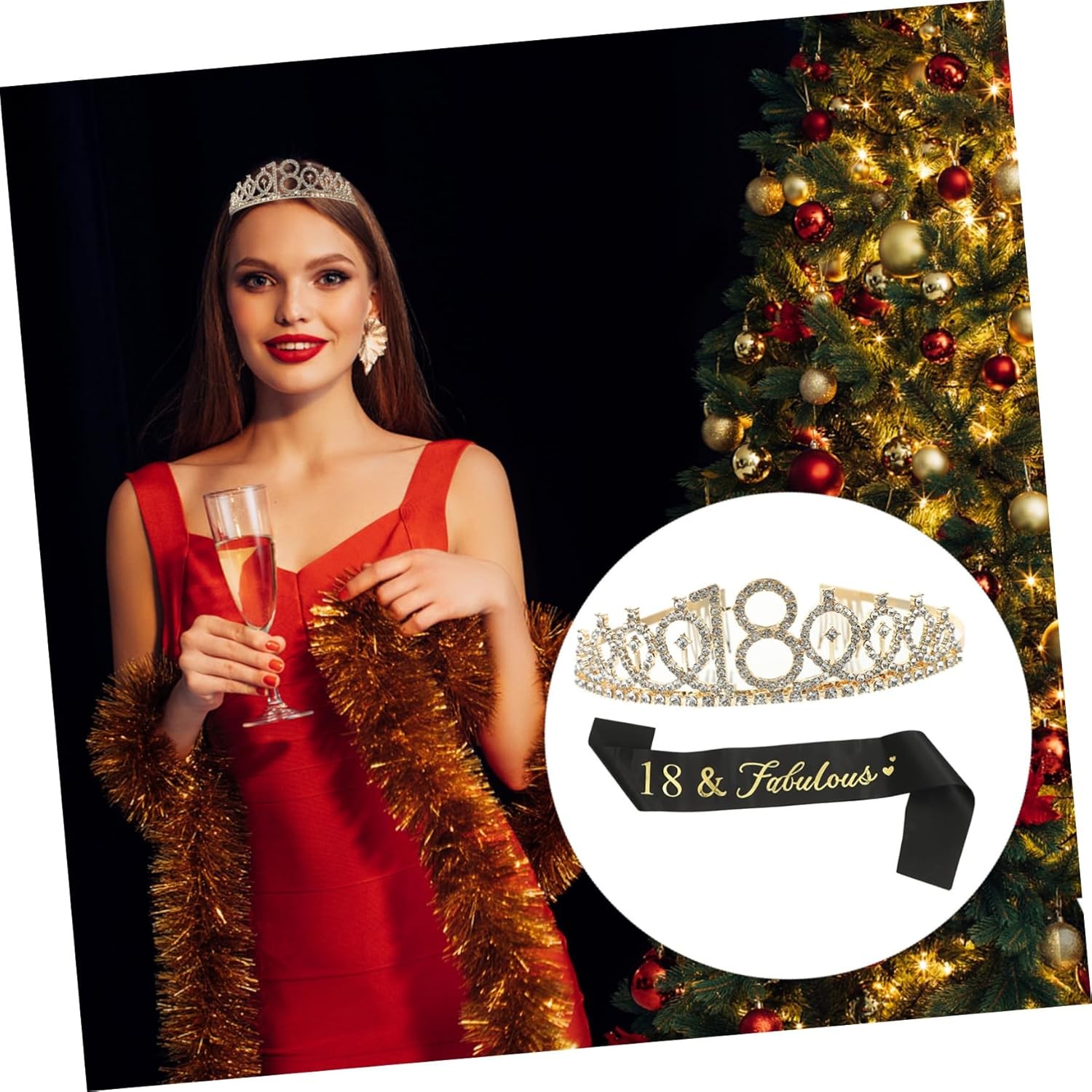 Set 2 Piese pentru Majorat, , 15 x 13 x 5 cm, Coronita Printesa Gold si Panglica 18&Fabulous, Negru - imagine 3