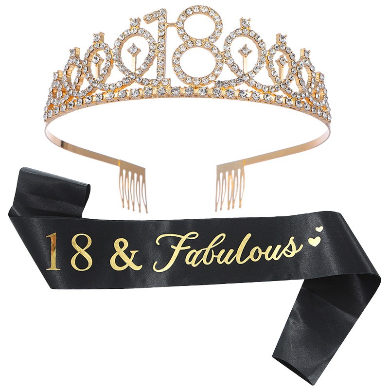 Set 2 Piese pentru Majorat, , 15 x 13 x 5 cm, Coronita Printesa Gold si Panglica 18&Fabulous, Negru