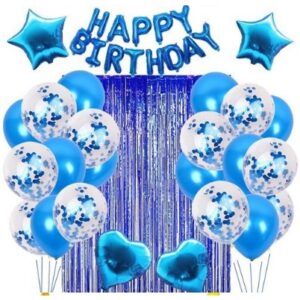 Set 24 de baloane folie si latex, 10 baloane latex simple, 10 bloane latex cu paiete, 4 baloane folie, ribon, 1x2 m perdea, Albastru