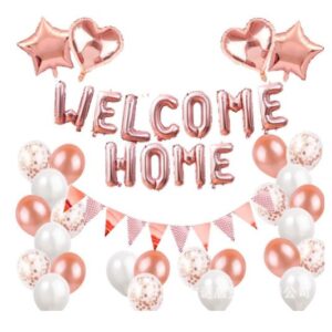 Set baloane folie si latex, , WELCOME HOME, 24 de piese, 20 baloane latex, 4 baloane stea Folie, 1 set Welcome Home, Rose gold metal