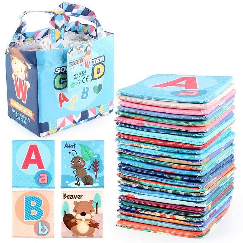 Set 26 Carduri din Panza cu Doua Fete, , Model Litere, Educational, Interactiv, Saculet Inclus, Multicolor