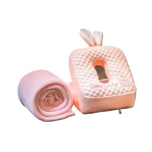 Set 2in1 Patura Microfibra si Perna din Spuma, , pentru Birou, Calatorii, Pauze, Model Iepuras, Microfibra, 1x1.7 m, 30x35x30 cm, Roz