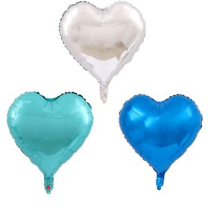 Set 3 Baloane din Folie Metalizata, , Figurina Inima, Tema Ziua Indragostitilor, 45 cm, Ambalaj Individual, Pai Inclus, Umflare cu Aer sau Heliu, Albastru/Argintiu