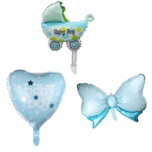 Set 3 Baloane din Folie Metalizata, , Figurine Carucior, Inima, Fundita, Tema Botez, 45 cm, Ambalaj Individual, Pai Inclus, Umflare cu Aer sau Heliu, Albastru