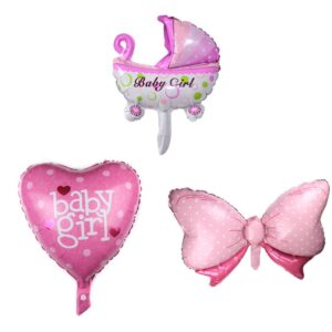 Set 3 Baloane din Folie Metalizata, , Figurine Carucior, Inima, Fundita, Tema Botez, 45 cm, Ambalaj Individual, Pai Inclus, Umflare cu Aer sau Heliu, Roz