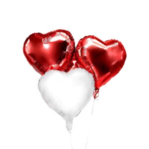 Set 3 Baloane din Folie Metalizata, , Model Inimi, Tema Ziua Indragostitilor, 45 cm, 2 Rosii, 1 Alb, Ambalaj Individual, Pai Inclus, Umflare cu Aer sau Heliu, Alb/Rosu