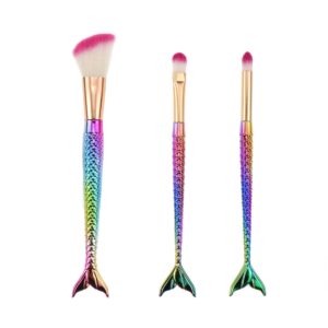 Set 3 Pensule pentru Machiaj , in Forma de Sirena, Electroplacate, Detalii Fine, Maner Ergonomic, Peri din Fibra Moale, Multicolor