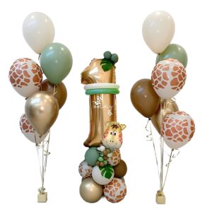 Set 30 Baloane Folie si Latex, , Tematica Prima Aniversare, Baloane Latex 30cm, 25cm, Figurina Girafa 32x34 cm, Frunza Palmier 15 cm, Cifra 1 76 cm, Multicolor