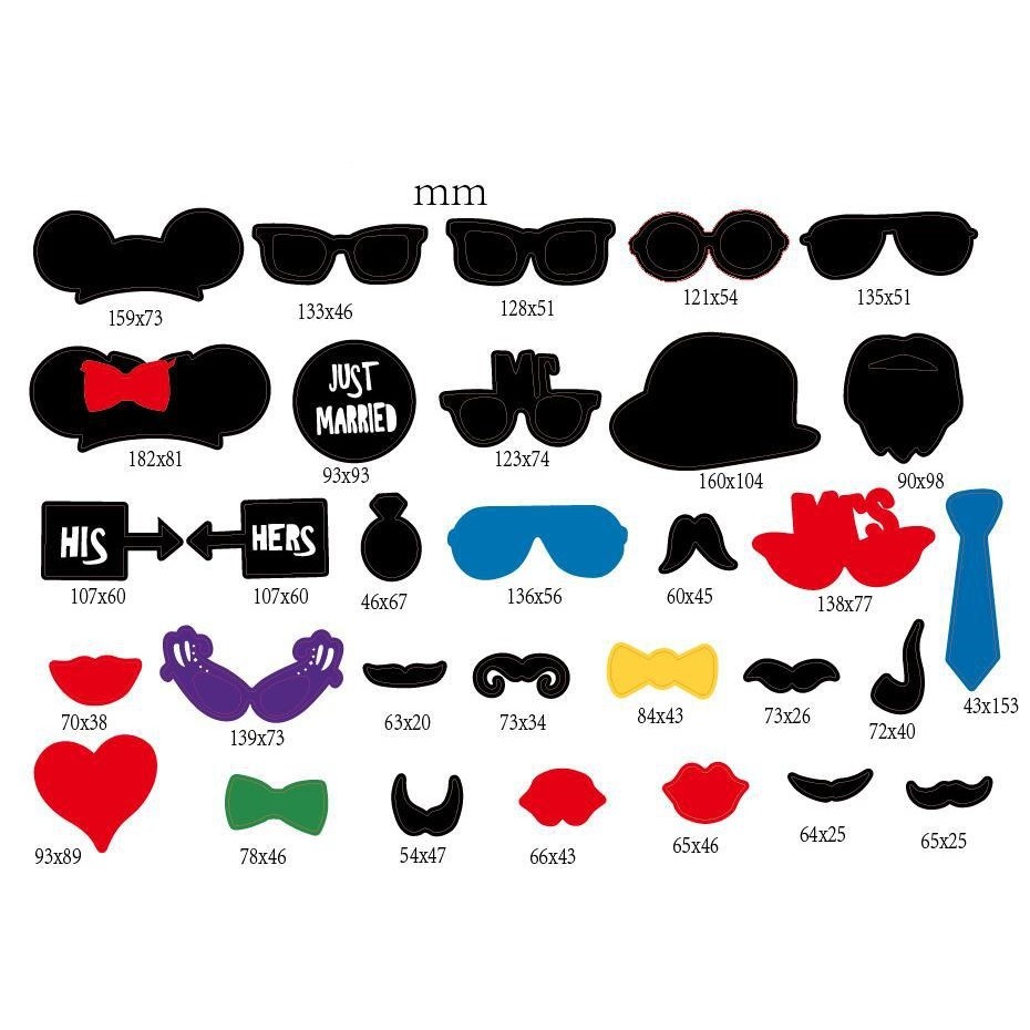 Set 31 de Accesorii pentru Petrecere, , Props pentru Coltul de Poze, Ochelari, Palarii, Mustata, Cravata, Tematica Nunta, Multicolor - imagine 2