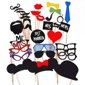 Set 31 de Accesorii pentru Petrecere, , Props pentru Coltul de Poze, Ochelari, Palarii, Mustata, Cravata, Tematica Nunta, Multicolor
