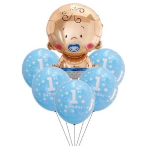 Set baloane pentru fetite, , FIRST ANIVERSARY, 5 latex 1 Birthday, 1 balon folie din aluminu baby boy, 71 cm, Albastru