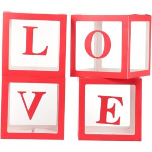 Set 4 Cutii pentru Baloane, , Model Scris Love, Tematica Iubire, Cuburi Decorative din Plastic, Accesorii pentru Petrecere, 30x30 cm, Transparente Contur Rosu