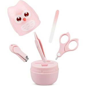Set 4 Piese Ingrijire Unghii Bebelusi, , din ABS+Otel Inoxidabil, Cutie de Depozitare Tip Bufnita, de la 0 Luni, 11.5 x 5 x 11.5 cm, Roz