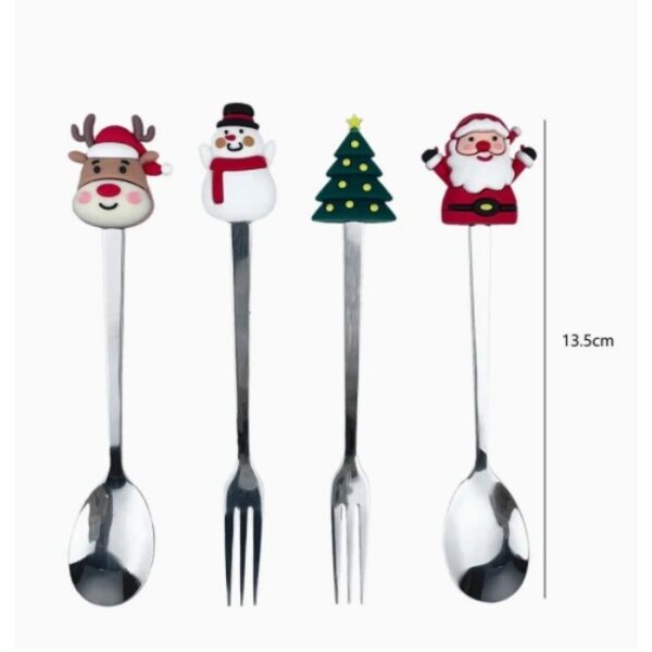 Set 4 Tacamuri, , cu Figurine de Craciun, din Otel Inoxidabil, 2 Furculite, 2 Linguri, Cutie Festiva, 13.5 cm, Rosu - imagine 3