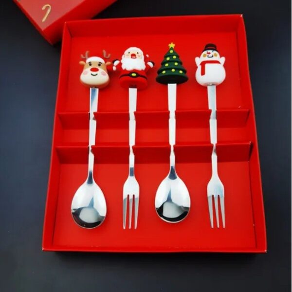 Set 4 Tacamuri, , cu Figurine de Craciun, din Otel Inoxidabil, 2 Furculite, 2 Linguri, Cutie Festiva, 13.5 cm, Rosu - imagine 4