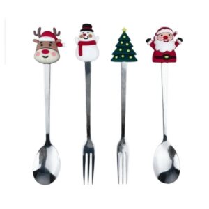 Set 4 Tacamuri, , cu Figurine de Craciun, din Otel Inoxidabil, 2 Furculite, 2 Linguri, Cutie Festiva, 13.5 cm, Rosu