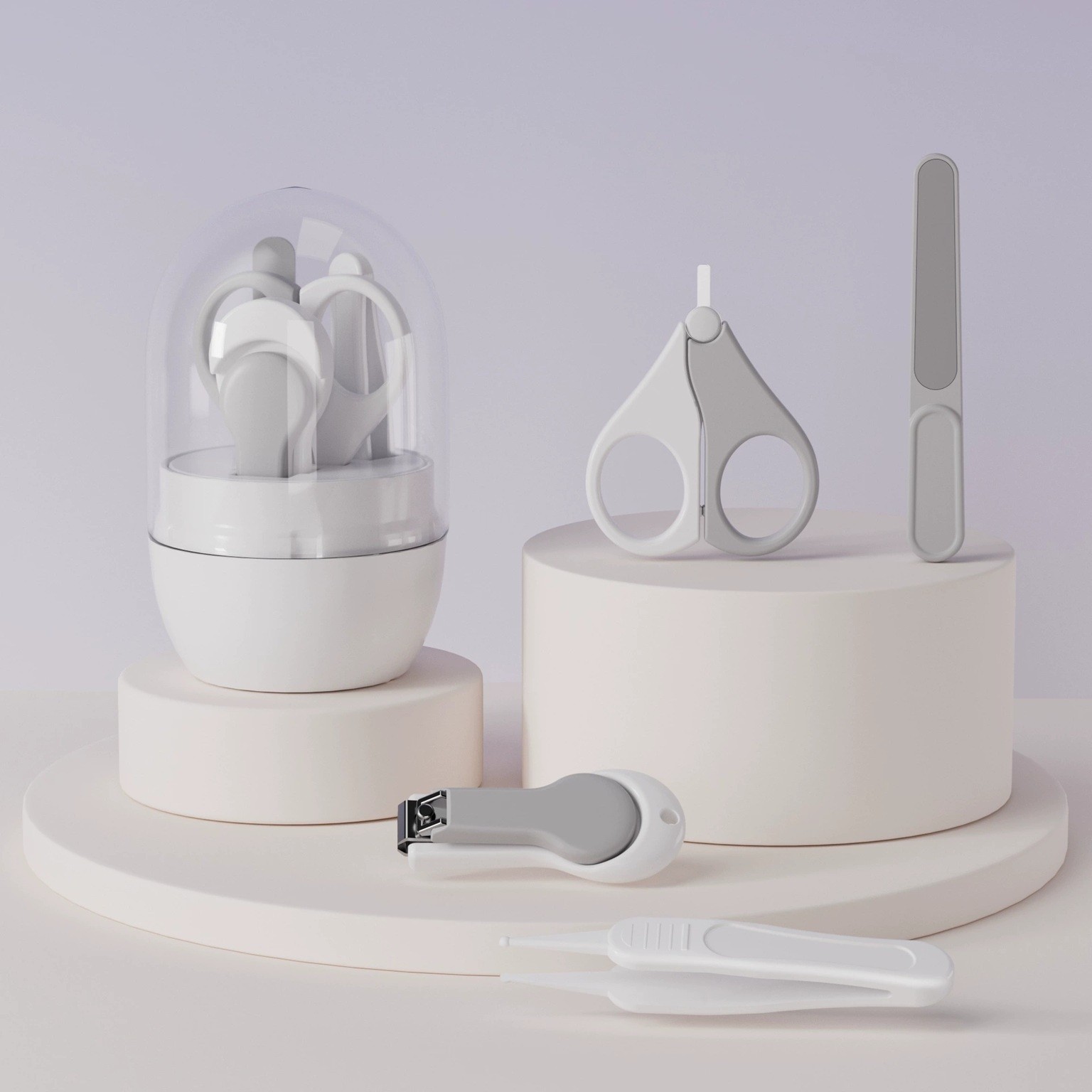 Set 4in1 de Ingrijire Unghii pentru Bebelusi, , Cutie de Depozitare Tip Borcan, 0-6 Ani, 10 x 7 x 6 cm, Alb/Gri - imagine 4