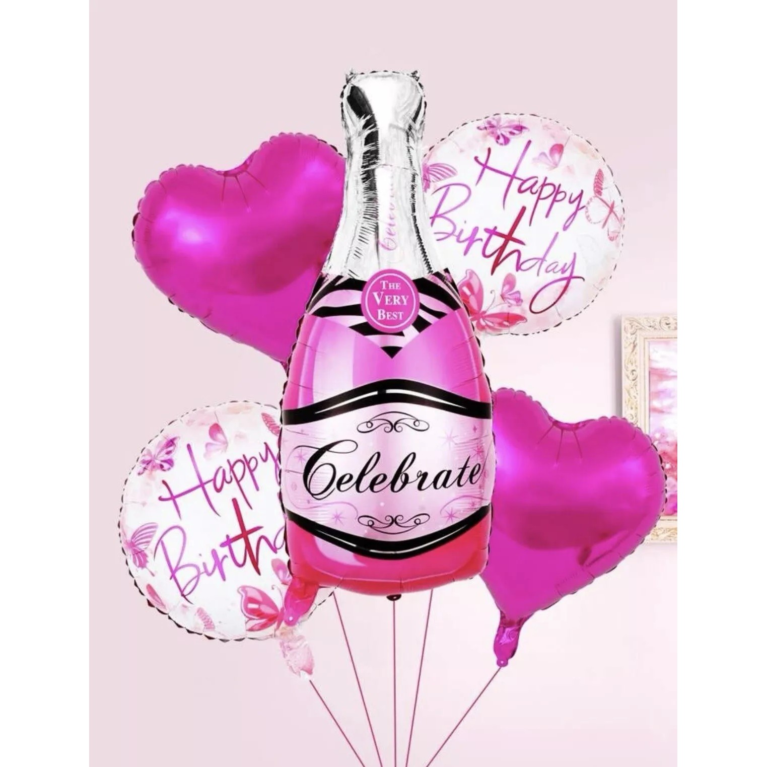 Set 5 Baloane din Folie Metalizata, , Figurine Sticla de Sampanie, Model Inimi, Tema Aniversare, Pai Inclus, Ambalaj Individual, Umflare cu Aer sau Heliu, Multicolor - imagine 2