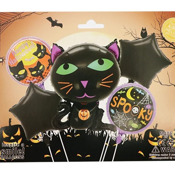 Set 5 Baloane din Folie Metalizata, , Figurine, Tema Halloween, Pai Inclus, Ambalaj Individual, Umflare cu Aer sau Heliu, Figurina Pisica 65x49 cm, Stelute si Cerculete 45 cm, Negru - imagine 2