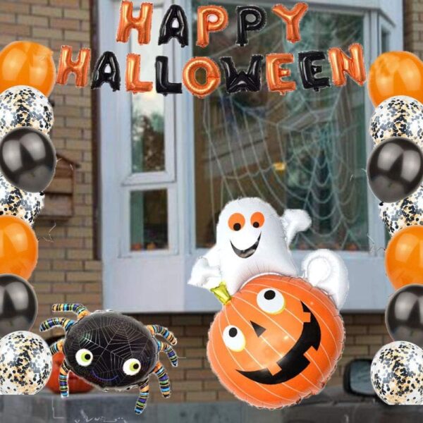 Set 5 Baloane din Folie Metalizata, , Figurine, Tema Halloween, Pai Inclus, Ambalaj Individual, Umflare cu Aer sau Heliu, Figurina Dovleac cu Fantoma 64x80 cm, Stelute si Cerculete 45 cm, Multicolor - imagine 4