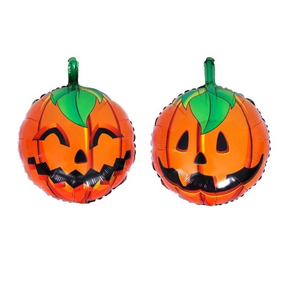 Set 5 Baloane din Folie Metalizata, , Figurine, Tema Halloween, Pai Inclus, Ambalaj Individual, Umflare cu Aer sau Heliu, Figurina Dovleac si Pisica 90x60 cm, Stelute si Cerculete 45 cm, Portocaliu-Negru - imagine 2
