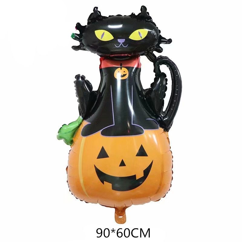 Set 5 Baloane din Folie Metalizata, , Figurine, Tema Halloween, Pai Inclus, Ambalaj Individual, Umflare cu Aer sau Heliu, Figurina Dovleac si Pisica 90x60 cm, Stelute si Cerculete 45 cm, Portocaliu-Negru - imagine 3