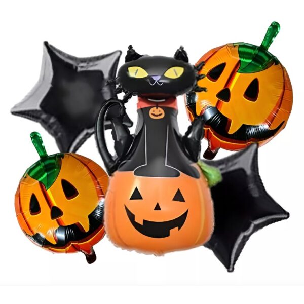 Set 5 Baloane din Folie Metalizata, , Figurine, Tema Halloween, Pai Inclus, Ambalaj Individual, Umflare cu Aer sau Heliu, Figurina Dovleac si Pisica 90x60 cm, Stelute si Cerculete 45 cm, Portocaliu-Negru - imagine 4