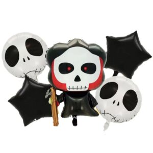 Set 5 Baloane din Folie Metalizata, , Figurine, Tema Halloween, Pai Inclus, Ambalaj Individual, Umflare cu Aer sau Heliu, Figurina Craniu 50.5x74 cm, Stelute si Cerculete 45 cm, Alb-Negru