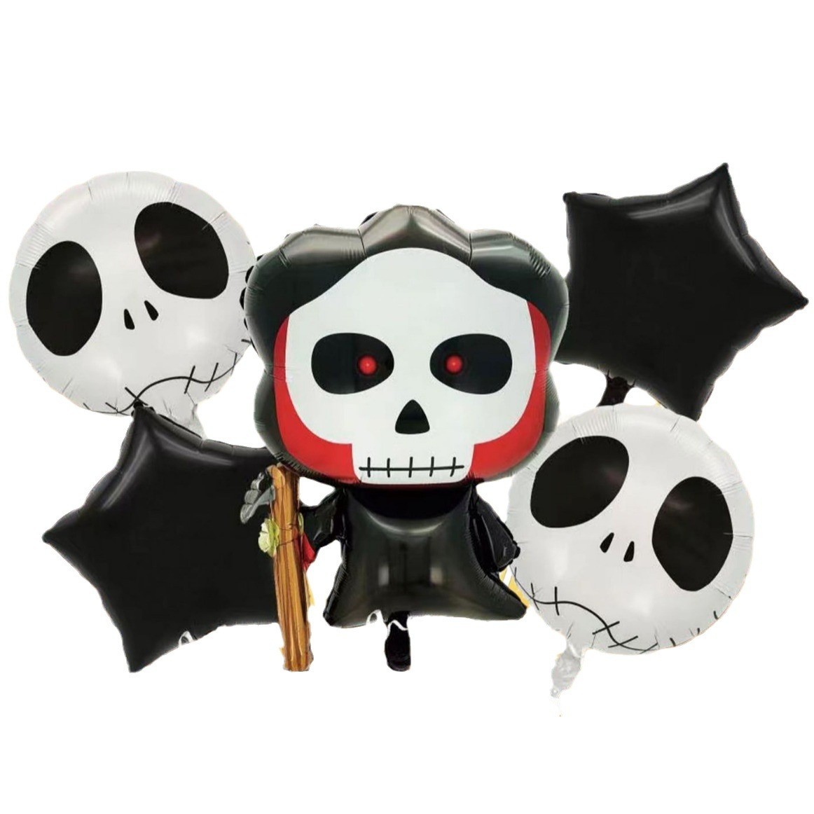 Set 5 Baloane din Folie Metalizata, , Figurine, Tema Halloween, Pai Inclus, Ambalaj Individual, Umflare cu Aer sau Heliu, Figurina Craniu 50.5x74 cm, Stelute si Cerculete 45 cm, Alb-Negru