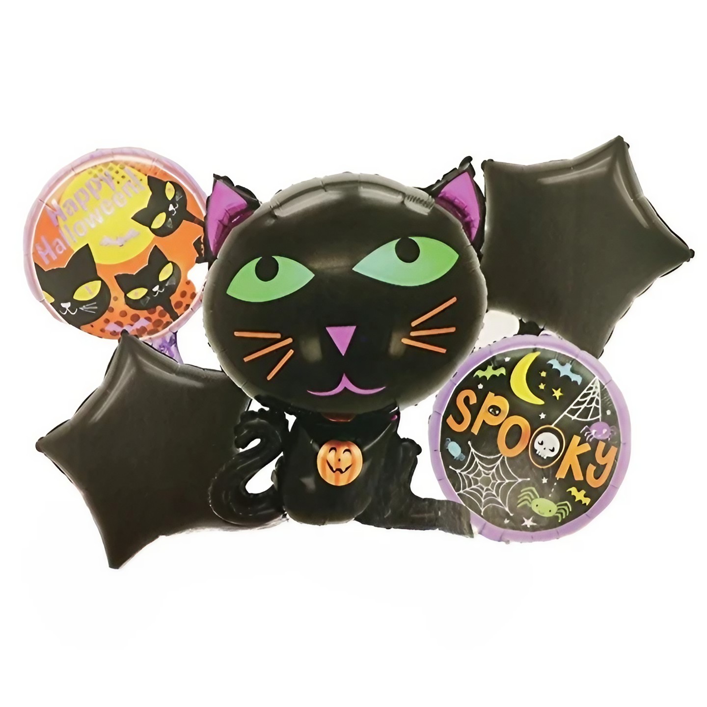 Set 5 Baloane din Folie Metalizata, , Figurine, Tema Halloween, Pai Inclus, Ambalaj Individual, Umflare cu Aer sau Heliu, Figurina Pisica 65x49 cm, Stelute si Cerculete 45 cm, Negru