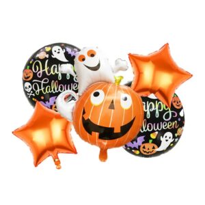 Set 5 Baloane din Folie Metalizata, , Figurine, Tema Halloween, Pai Inclus, Ambalaj Individual, Umflare cu Aer sau Heliu, Figurina Dovleac cu Fantoma 64x80 cm, Stelute si Cerculete 45 cm, Multicolor