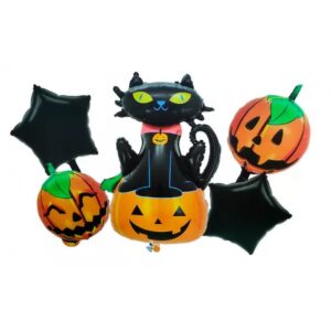 Set 5 Baloane din Folie Metalizata, , Figurine, Tema Halloween, Pai Inclus, Ambalaj Individual, Umflare cu Aer sau Heliu, Figurina Dovleac si Pisica 90x60 cm, Stelute si Cerculete 45 cm, Portocaliu-Negru